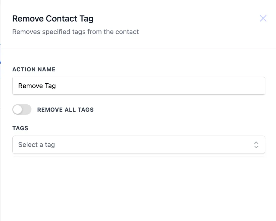 Schermata azione Rimuovi Tag dal Contatto