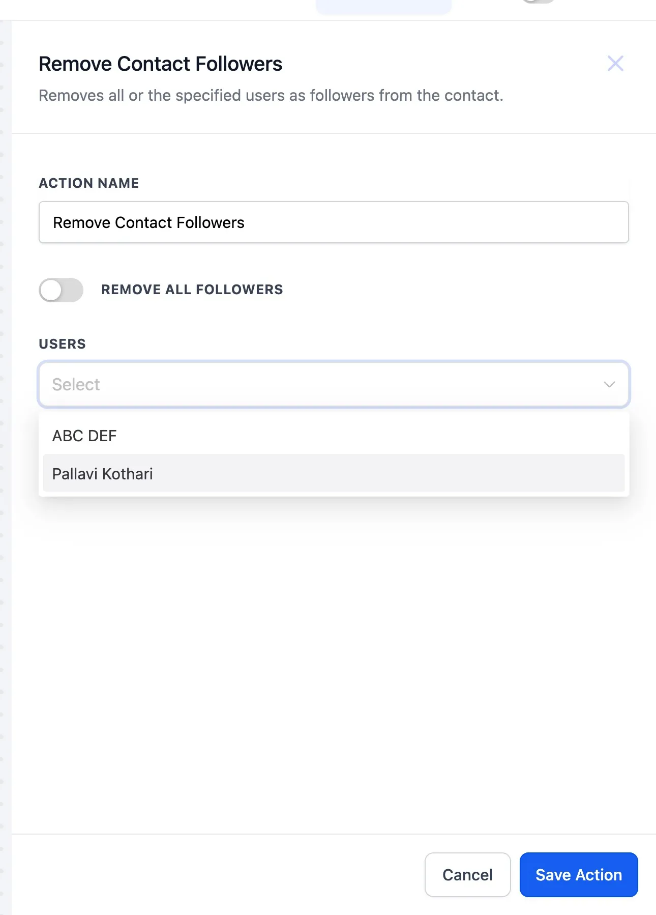 Configurazione toggle per rimuovere tutti i follower dal contatto