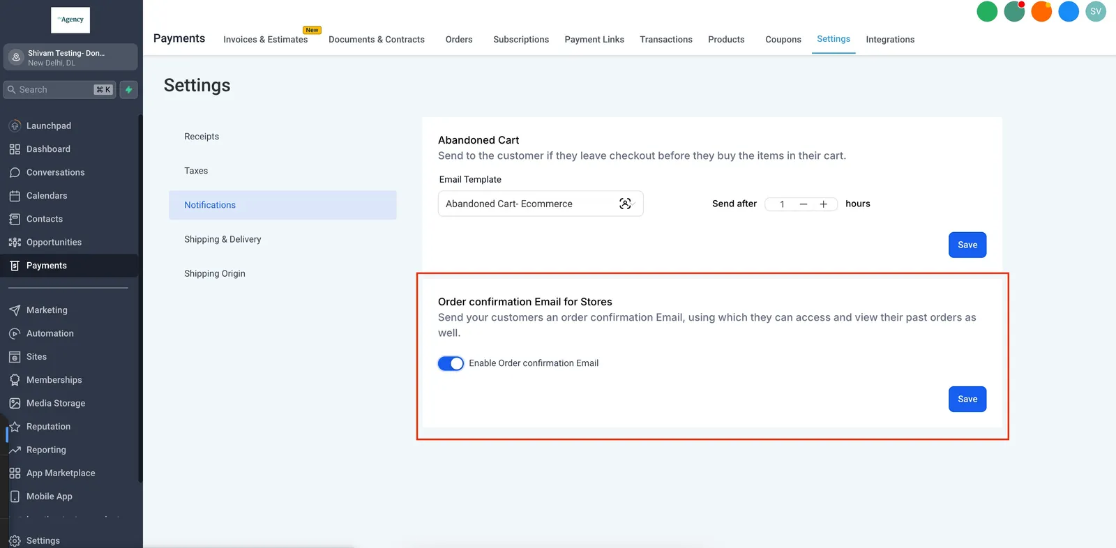 Screenshot impostazioni email di conferma ordine