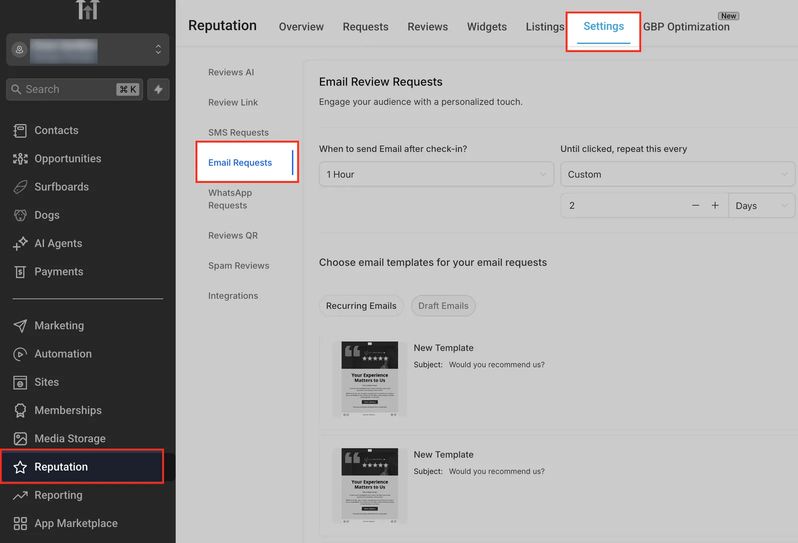 Schermata di navigazione verso Reputation > Impostazioni > Email Requests