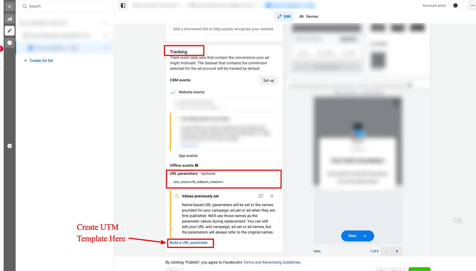 Esempio di configurazione UTM Tracking in Facebook Ads Manager