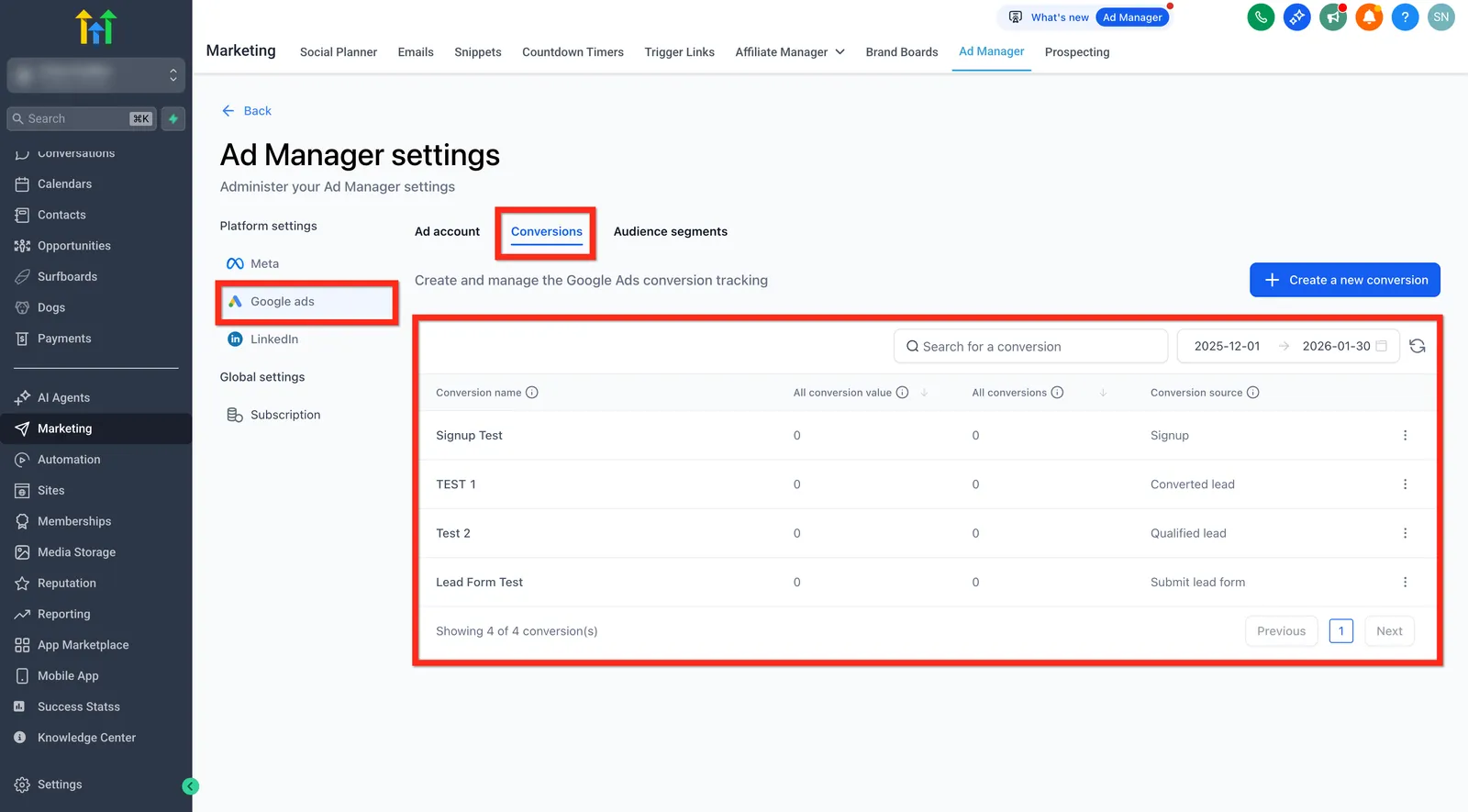 Schermata scheda Conversioni in Impostazioni Google Ads
