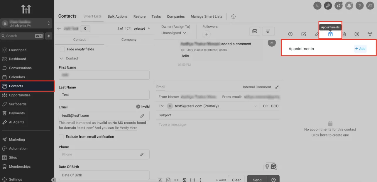 Scheda Appuntamenti nel profilo del Contatto