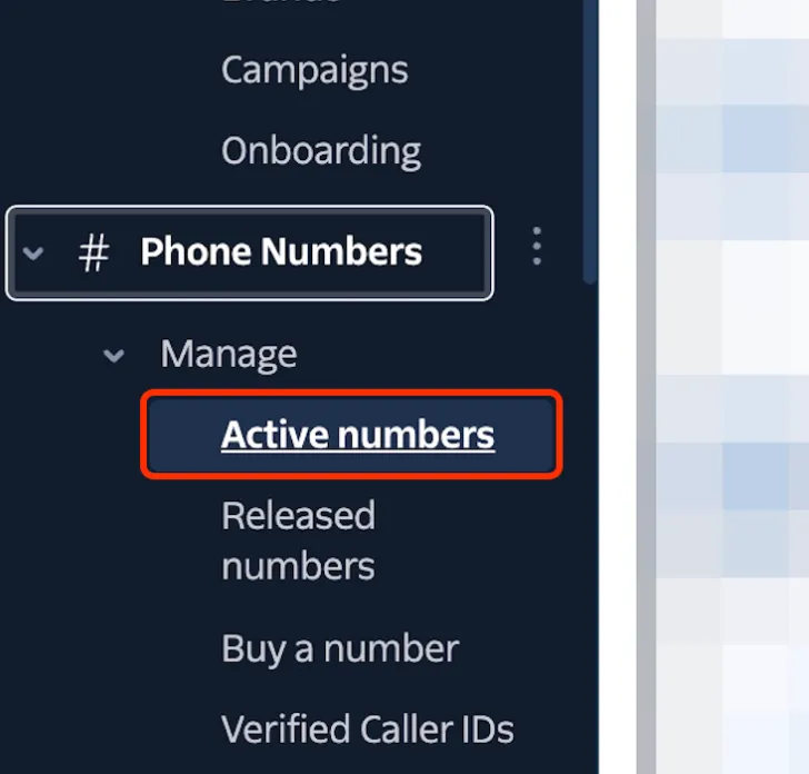 Schermata Active numbers su Twilio