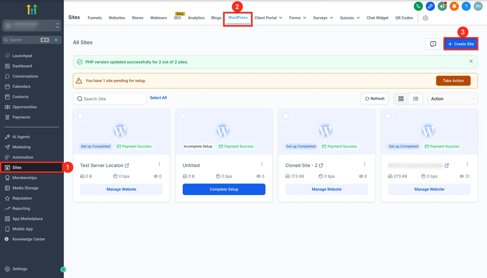 Schermata del pulsante Crea sito nella sezione WordPress