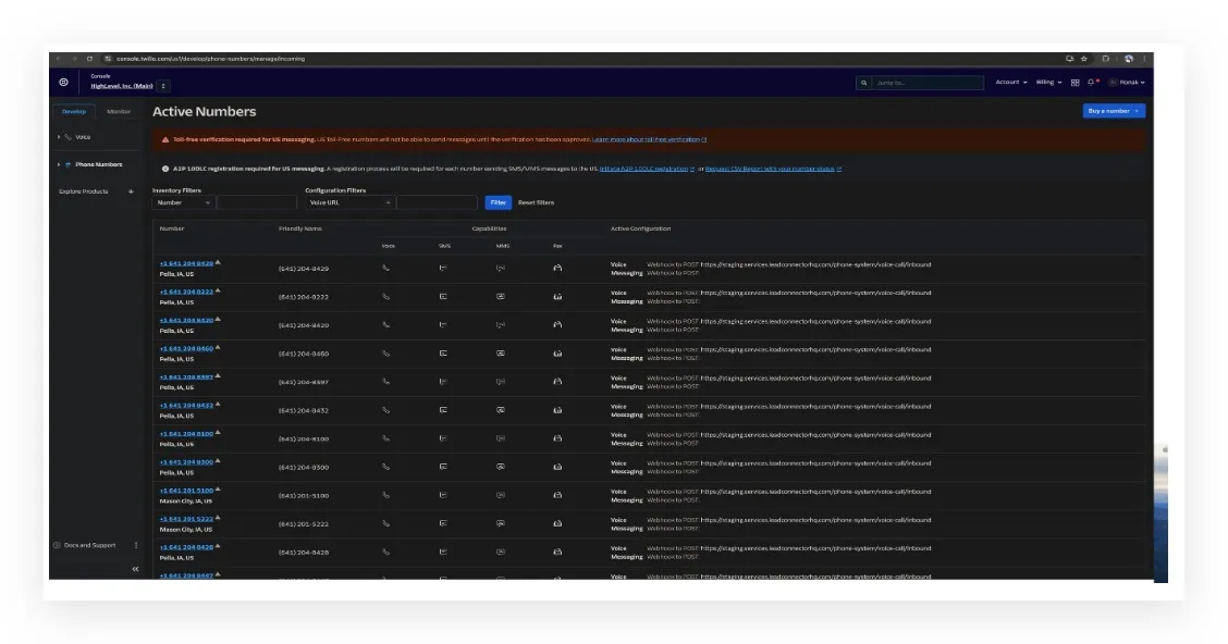 Schermata account Twilio - elenco numeri di telefono