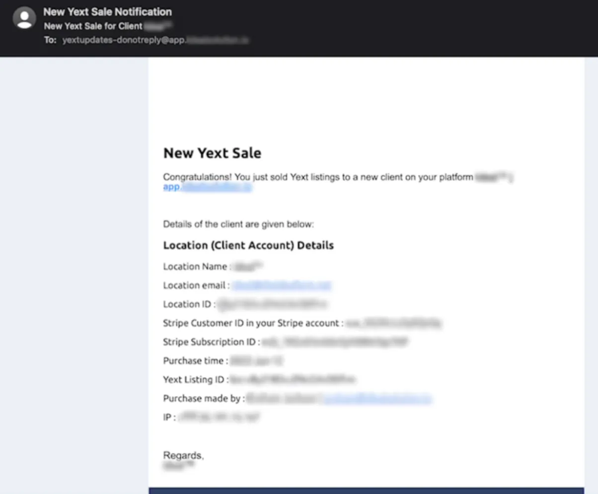 Notifica interna nuova vendita YEXT