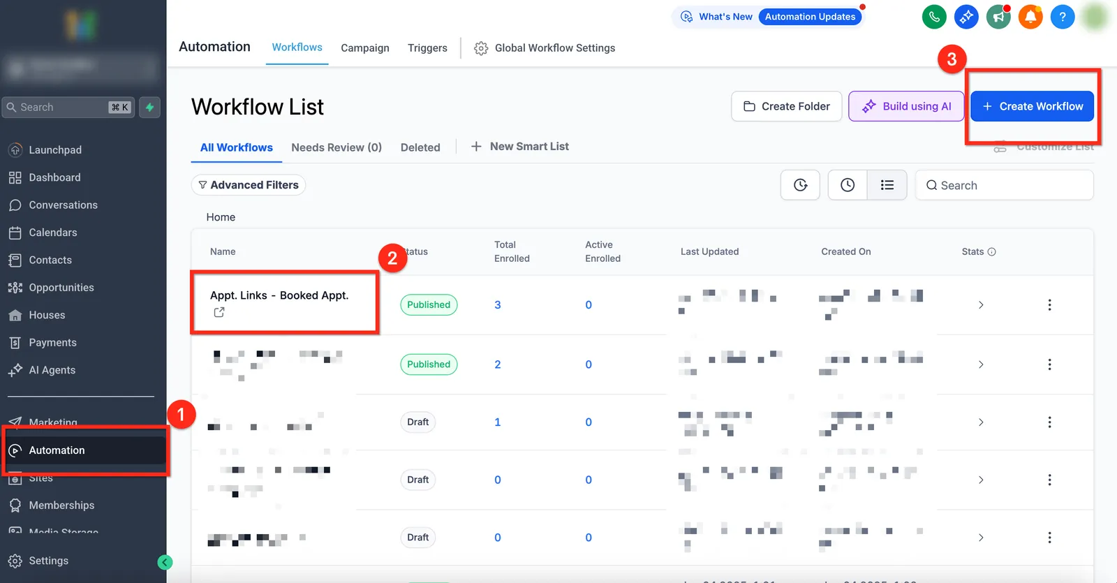 Schermata della sezione Automazioni con il pulsante Crea nuovo Workflow