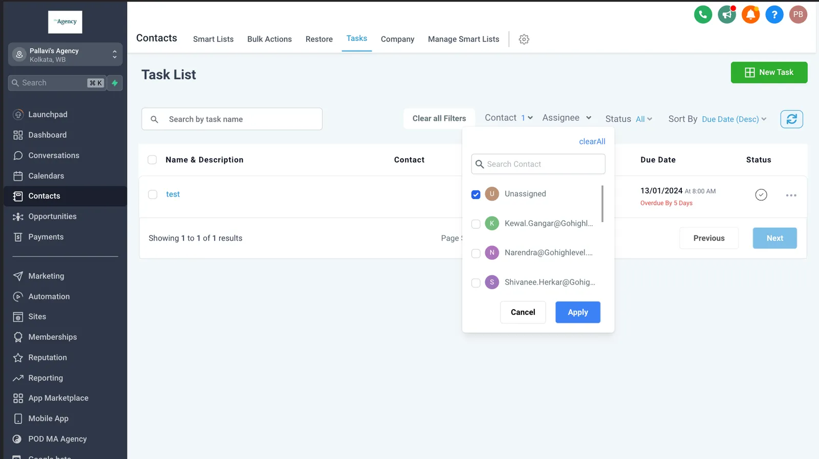 Filtro Contatti con opzione Non assegnato nella lista task