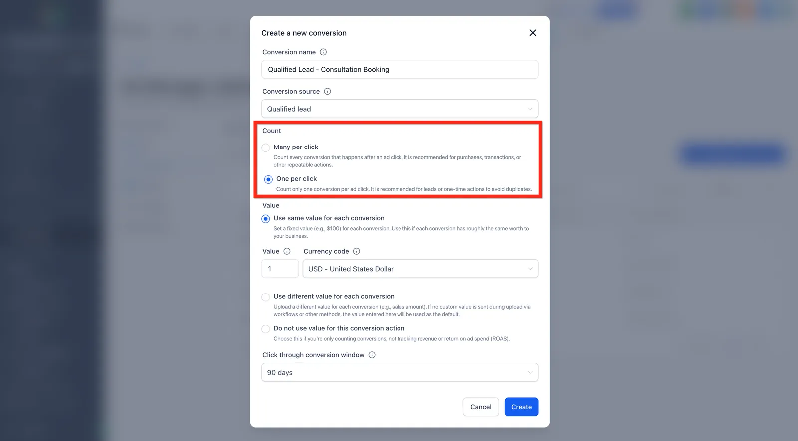 Opzioni conteggio conversioni per clic