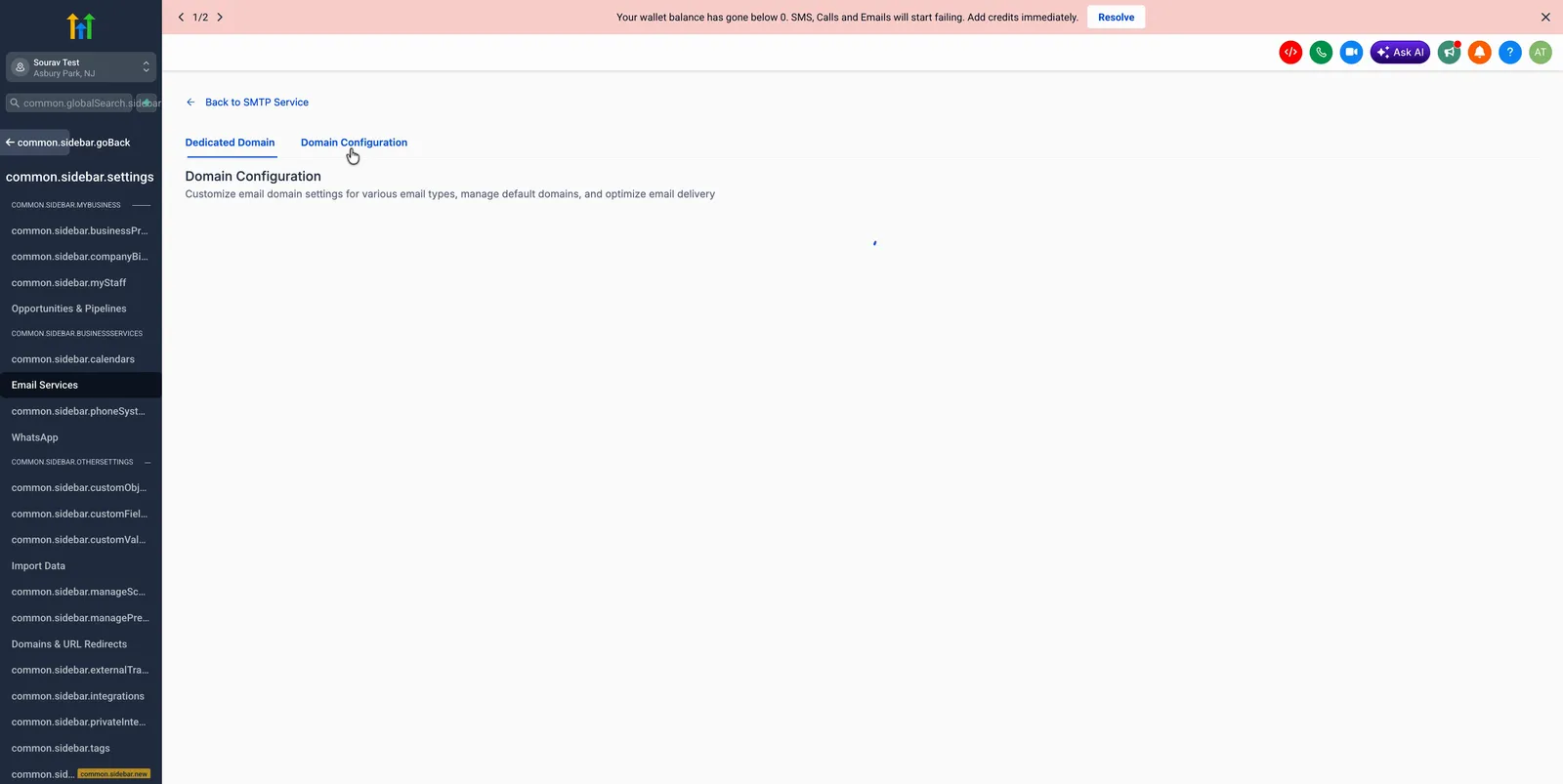 Menu del Configuratore di dominio con il dominio interessato selezionato
