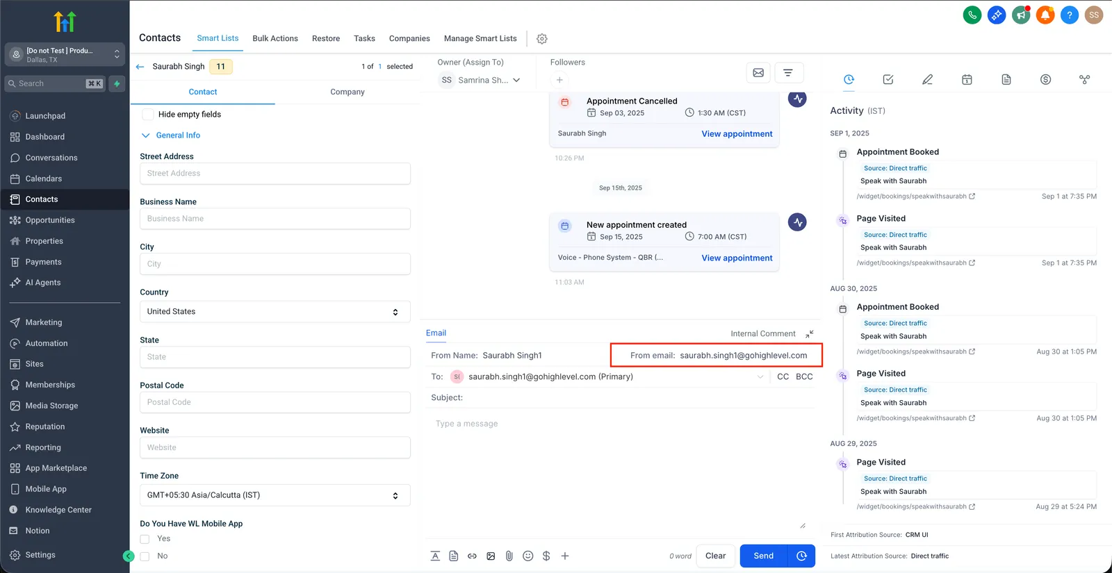 Scheda Conversazioni — l'email mittente usa di default quella dell'utente loggato