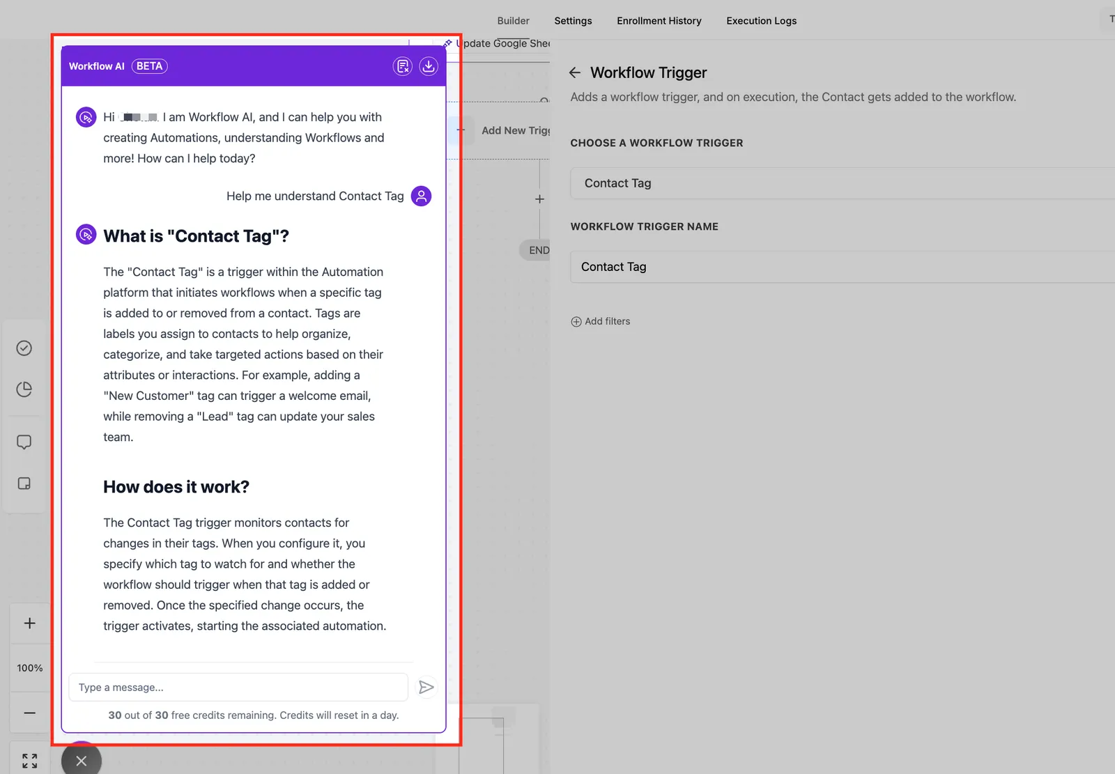 Barra laterale dell'Assistente AI per Workflow con guida contestuale