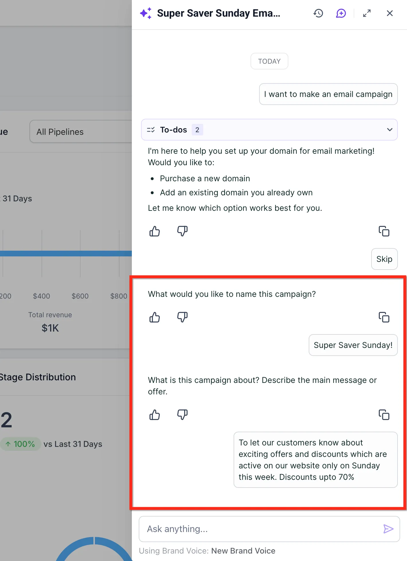 Schermata delle domande di Ask AI per la campagna email