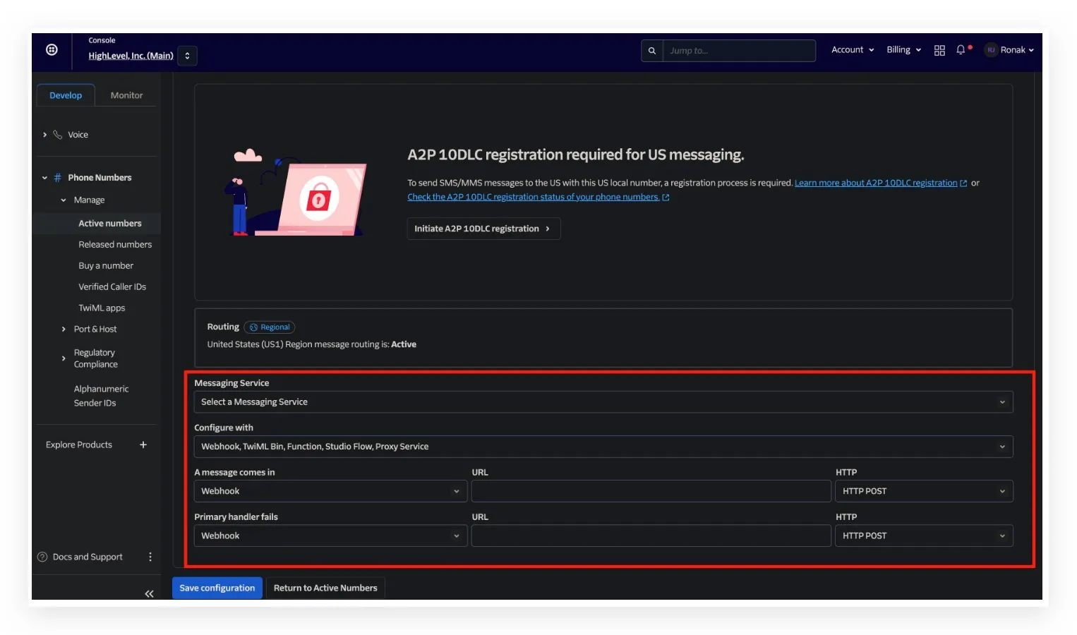 Schermata configurazione Messaging Service su Twilio