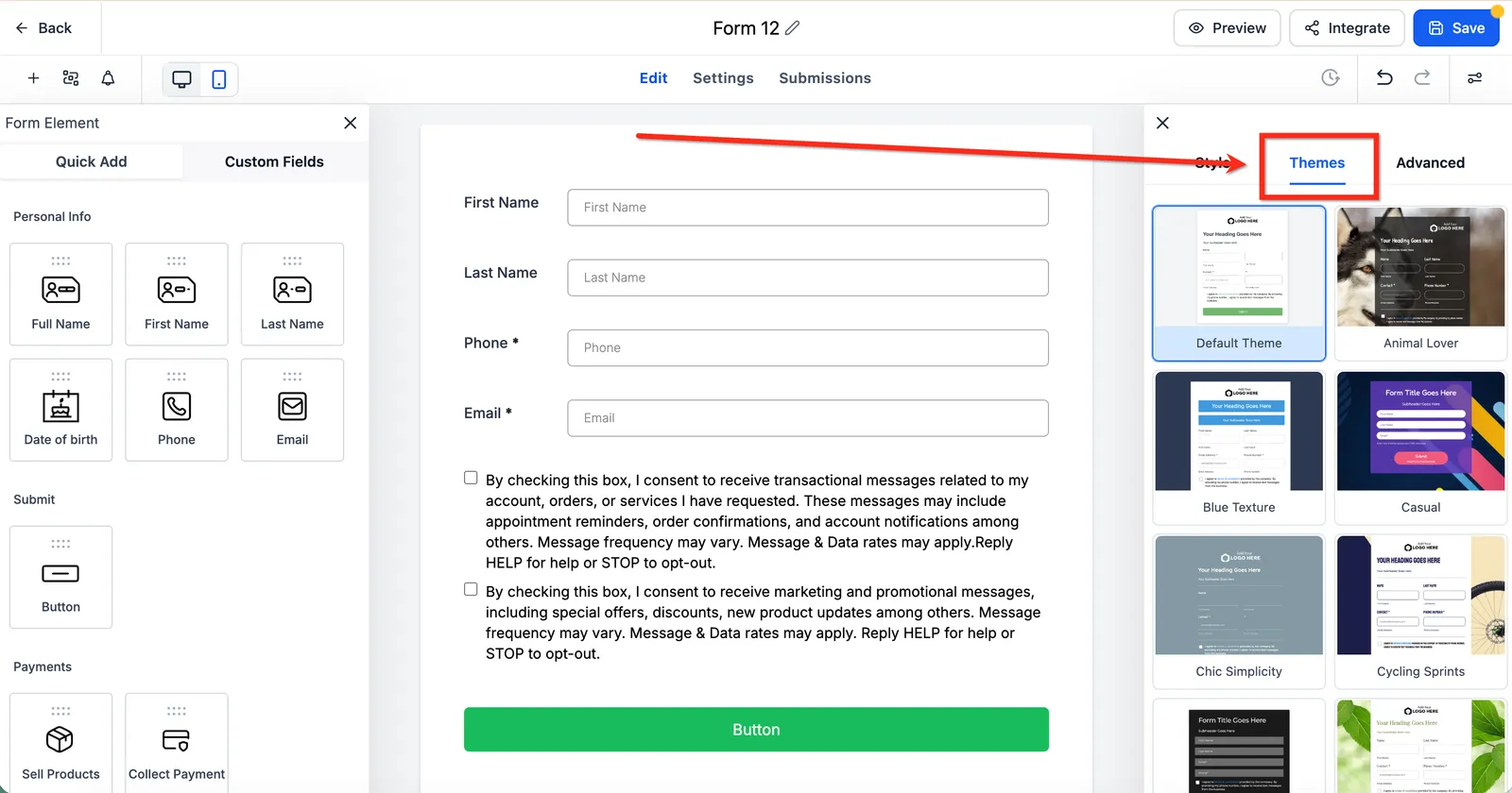 Scheda Temi nel costruttore di form e survey