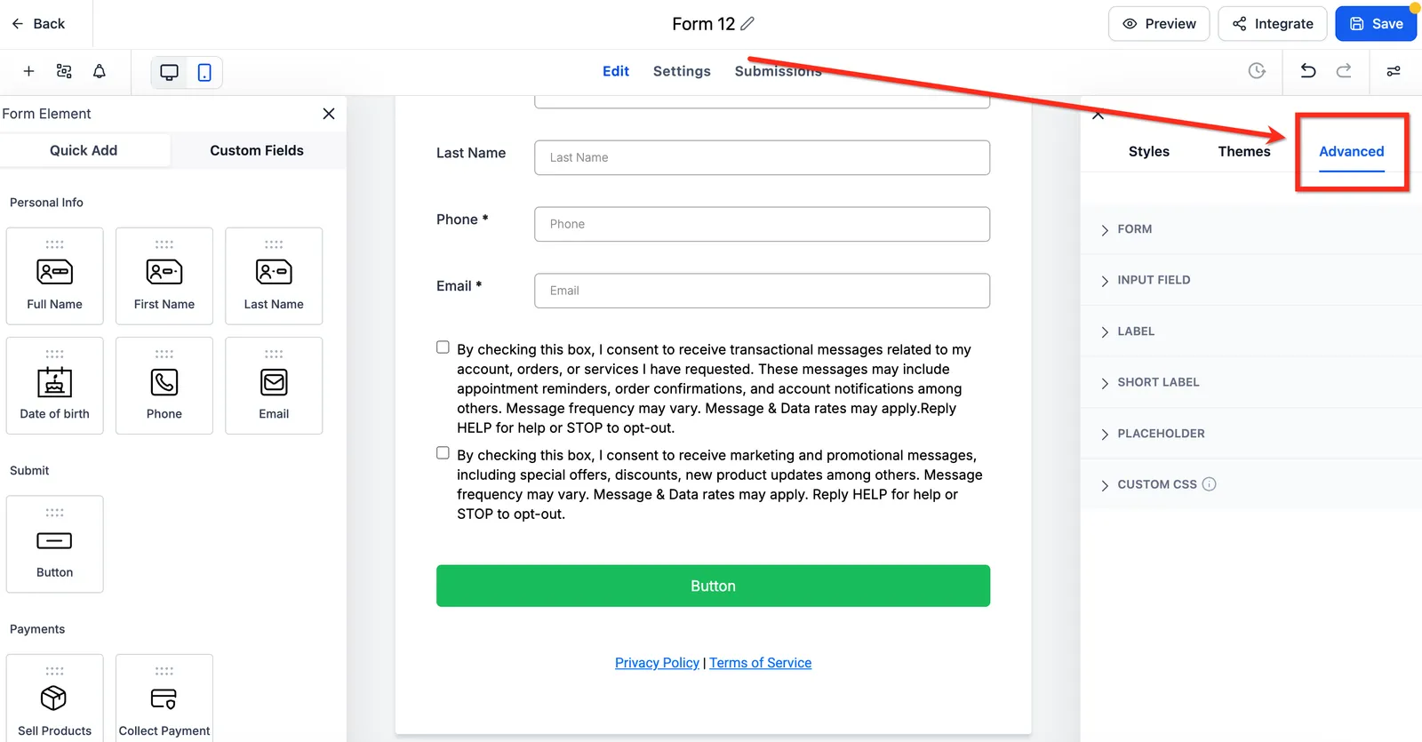Scheda Avanzate nel costruttore di form e survey