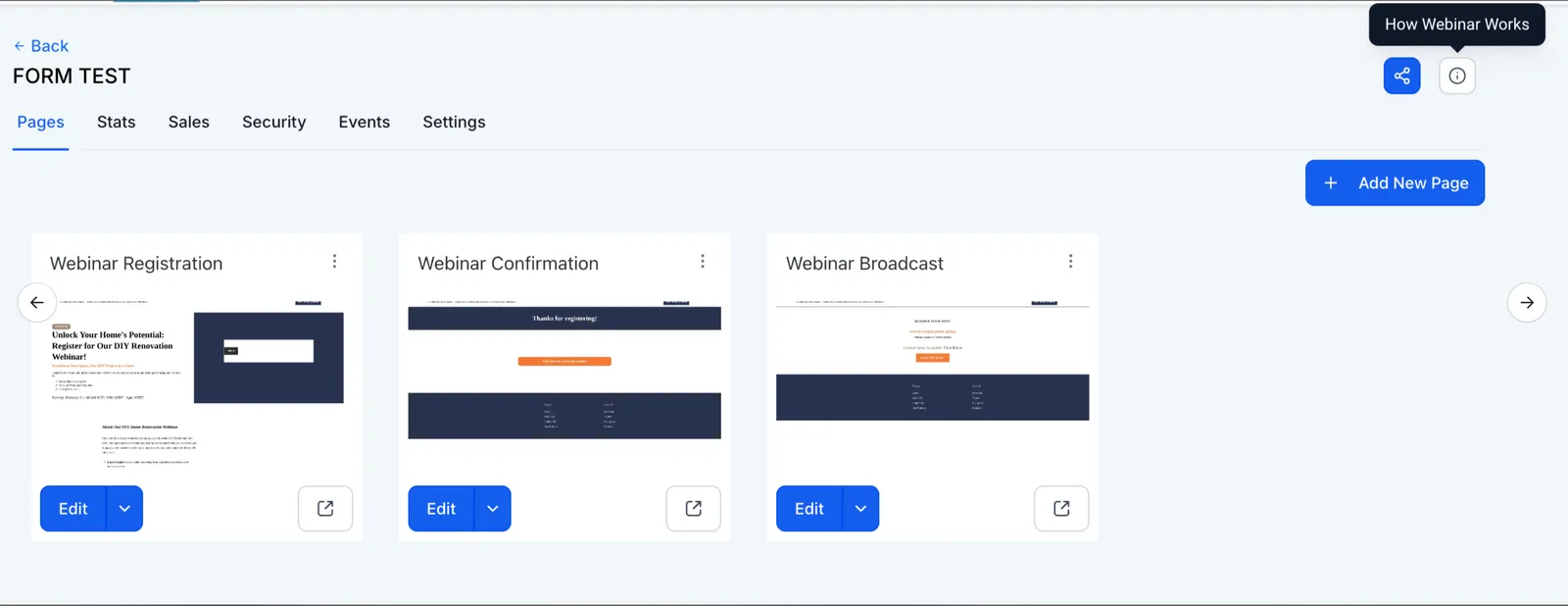 Screenshot delle pagine del Funnel webinar