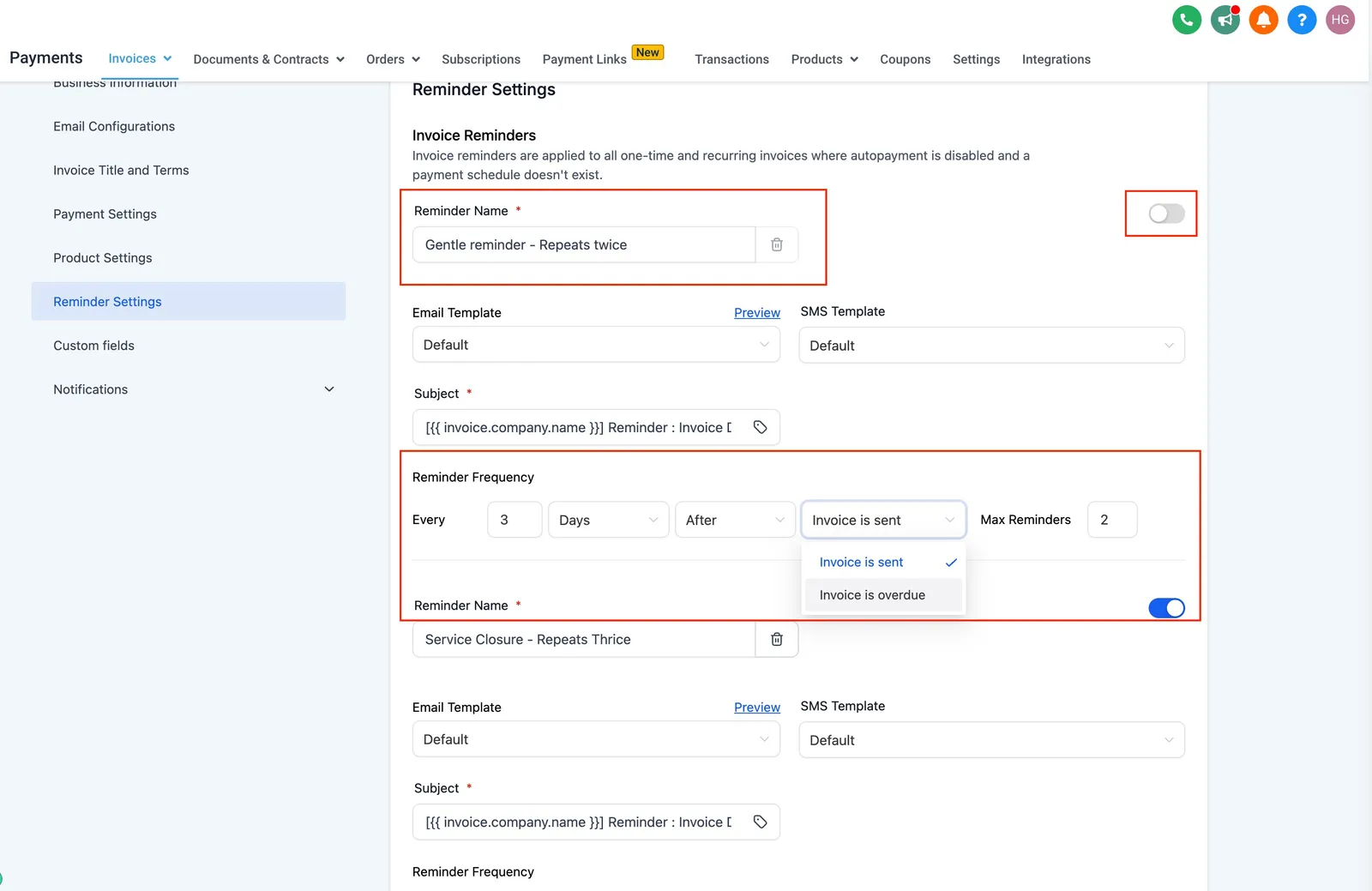 Screenshot configurazione promemoria fattura