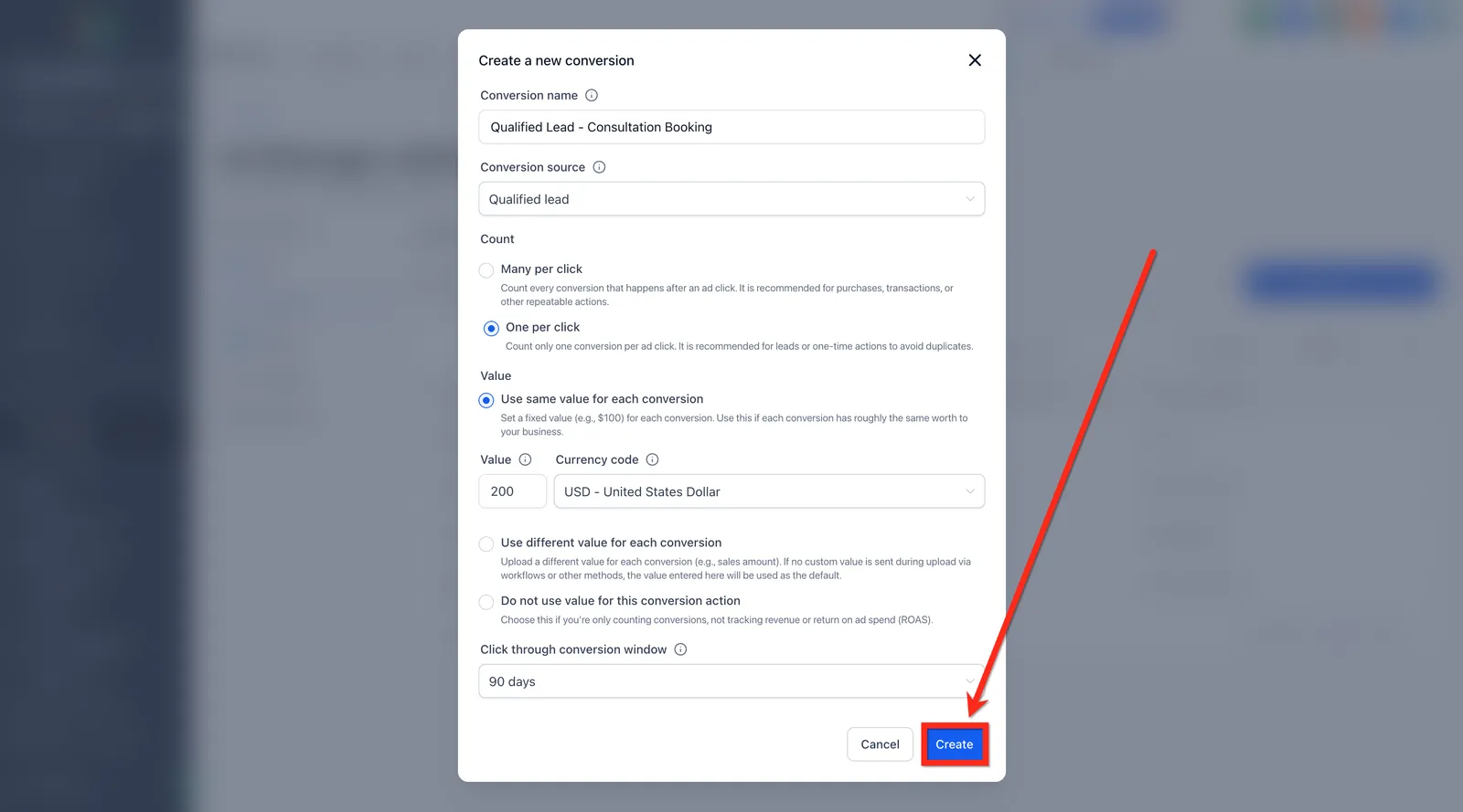 Pulsante Crea per salvare l'azione di conversione