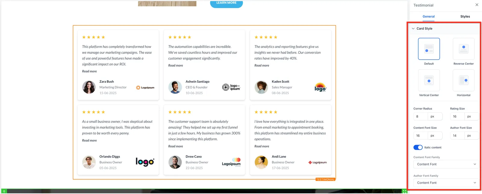 Opzioni stile card testimonianze