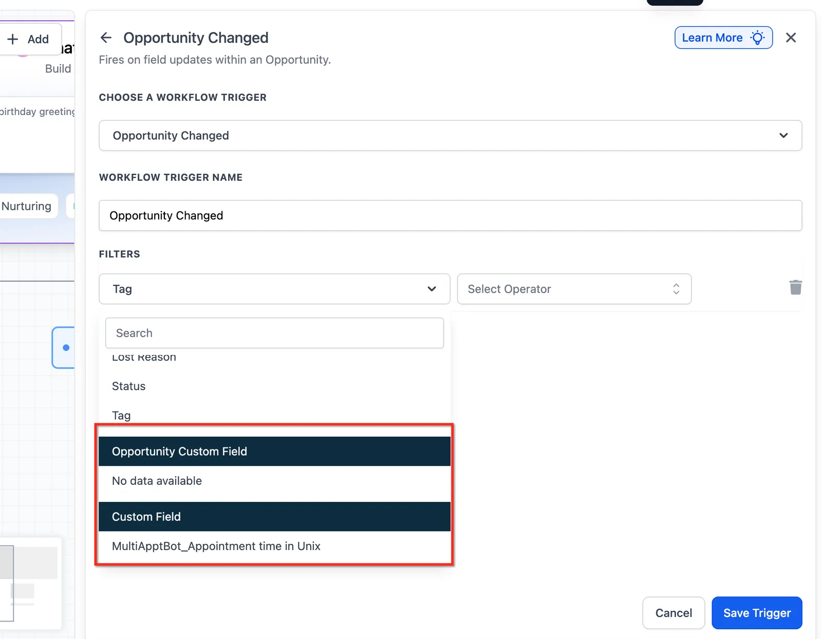 Filtro Campi personalizzati nel trigger Workflow Fattura