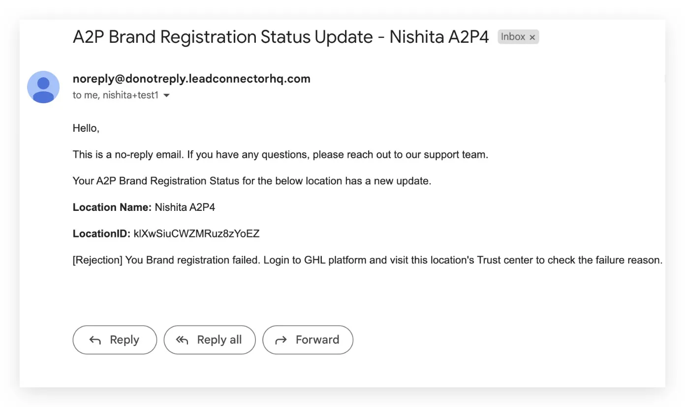 Email di stato verifica A2P / Numero Verde — esempio 2