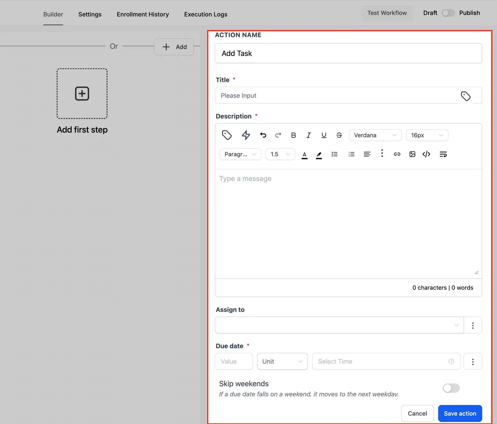 Schermata configurazione azione Add Task nel Workflow