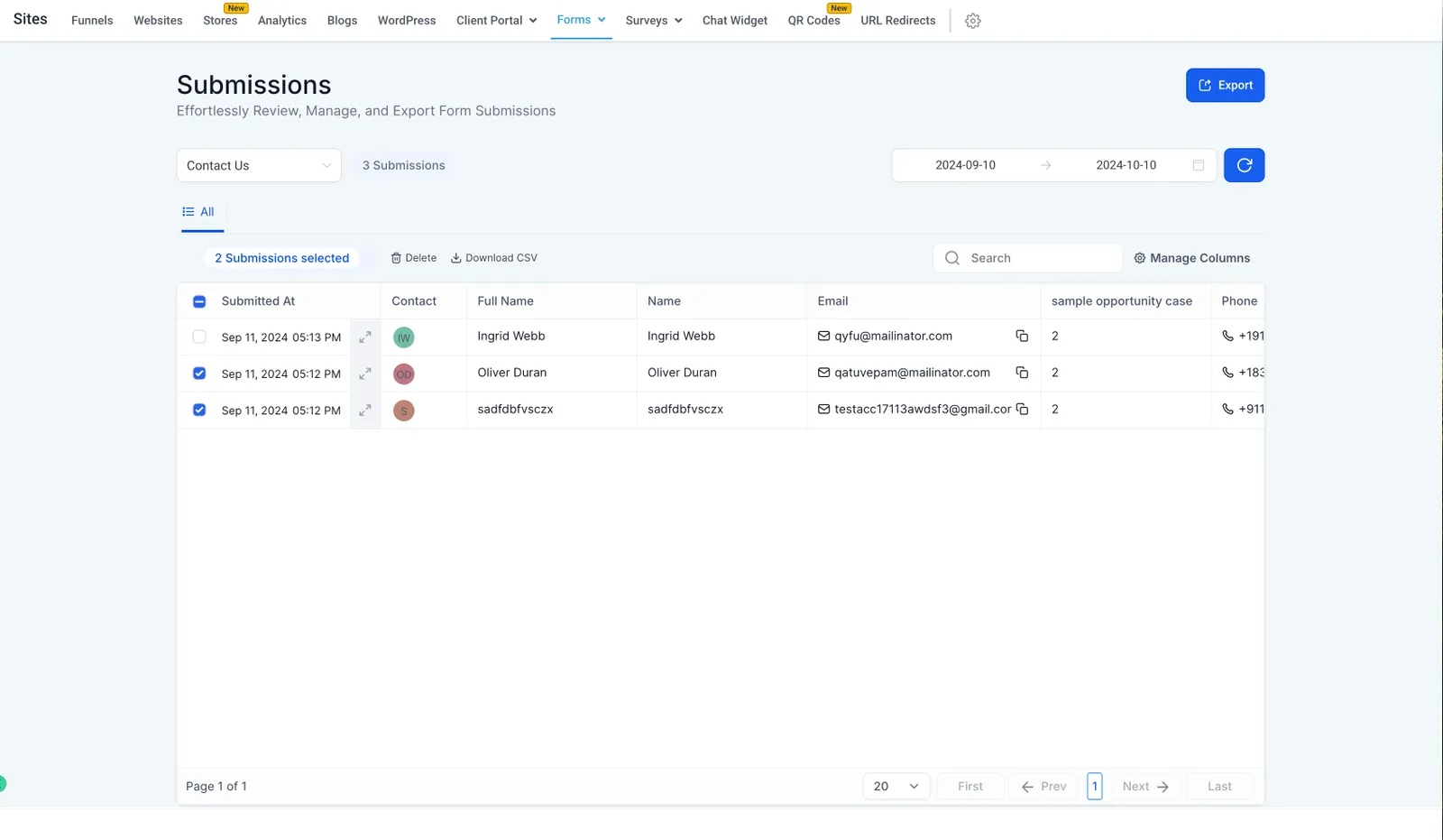 Screenshot della selezione invii