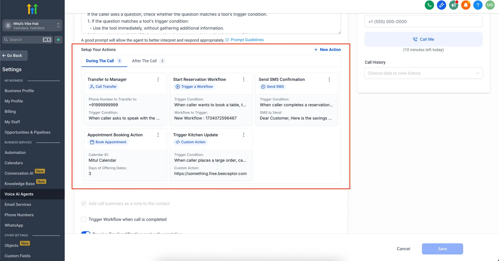 Interfaccia a card dell'Action Builder