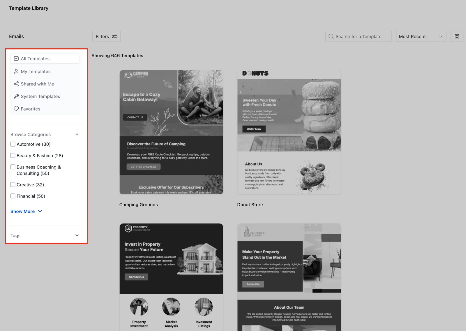 Schermata della Libreria di Template con categorie disponibili