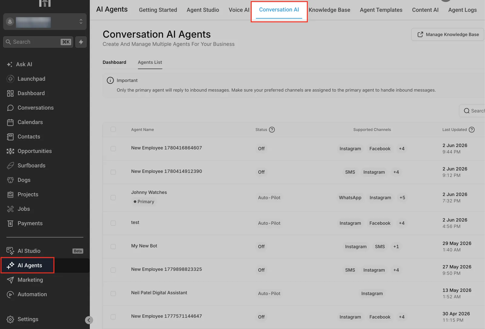 Schermata della sezione AI Agents - Conversation AI