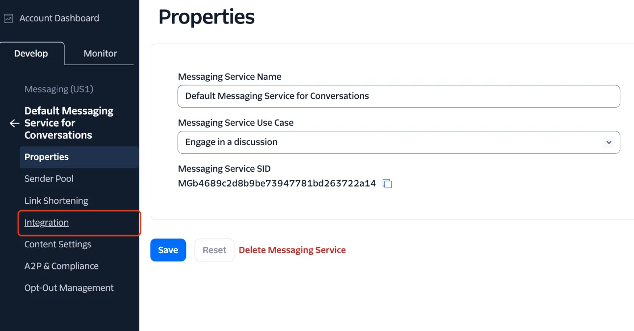 Schermata sezione Integration su Twilio
