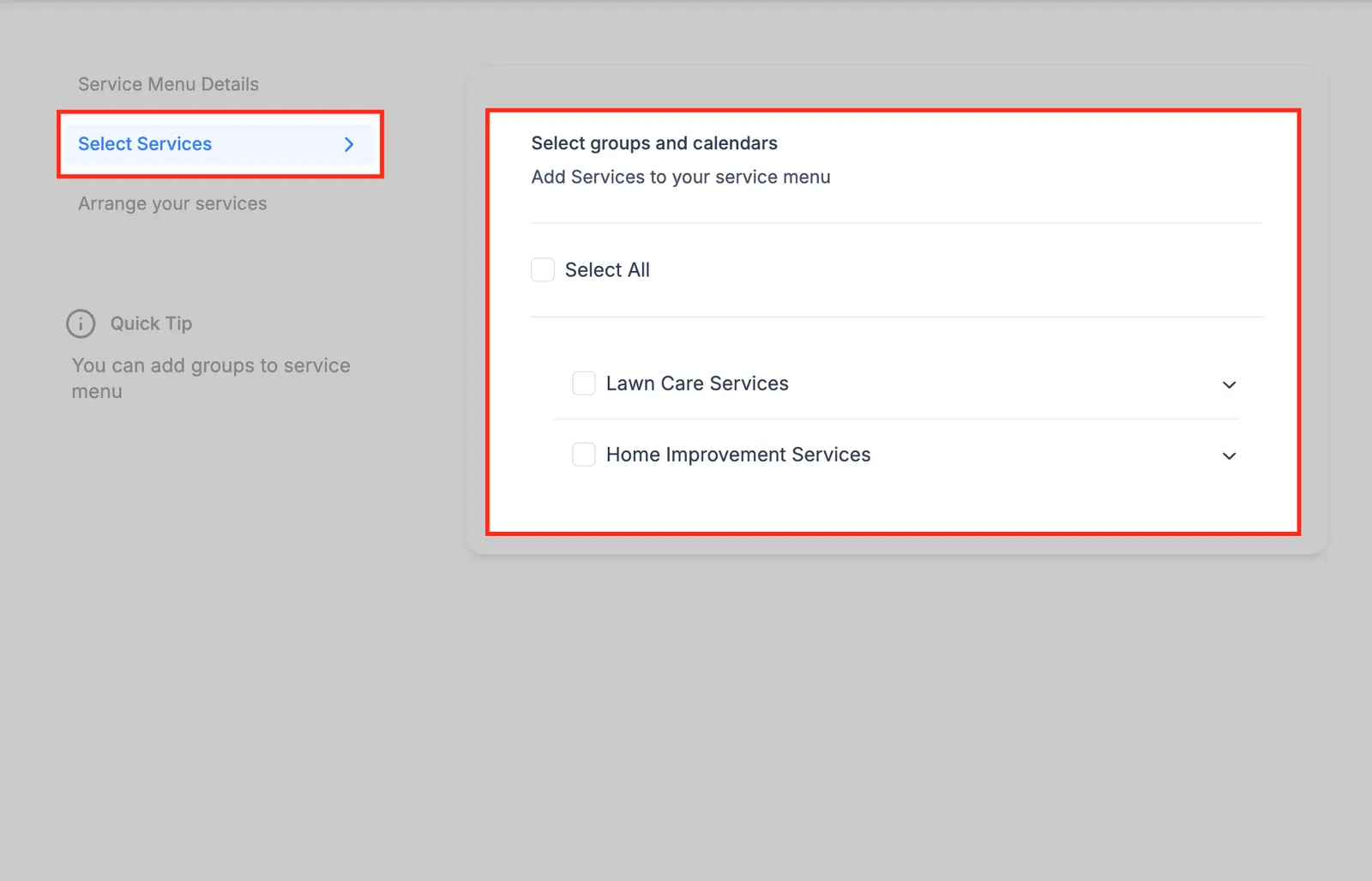 Schermata selezione servizi da includere nel menu