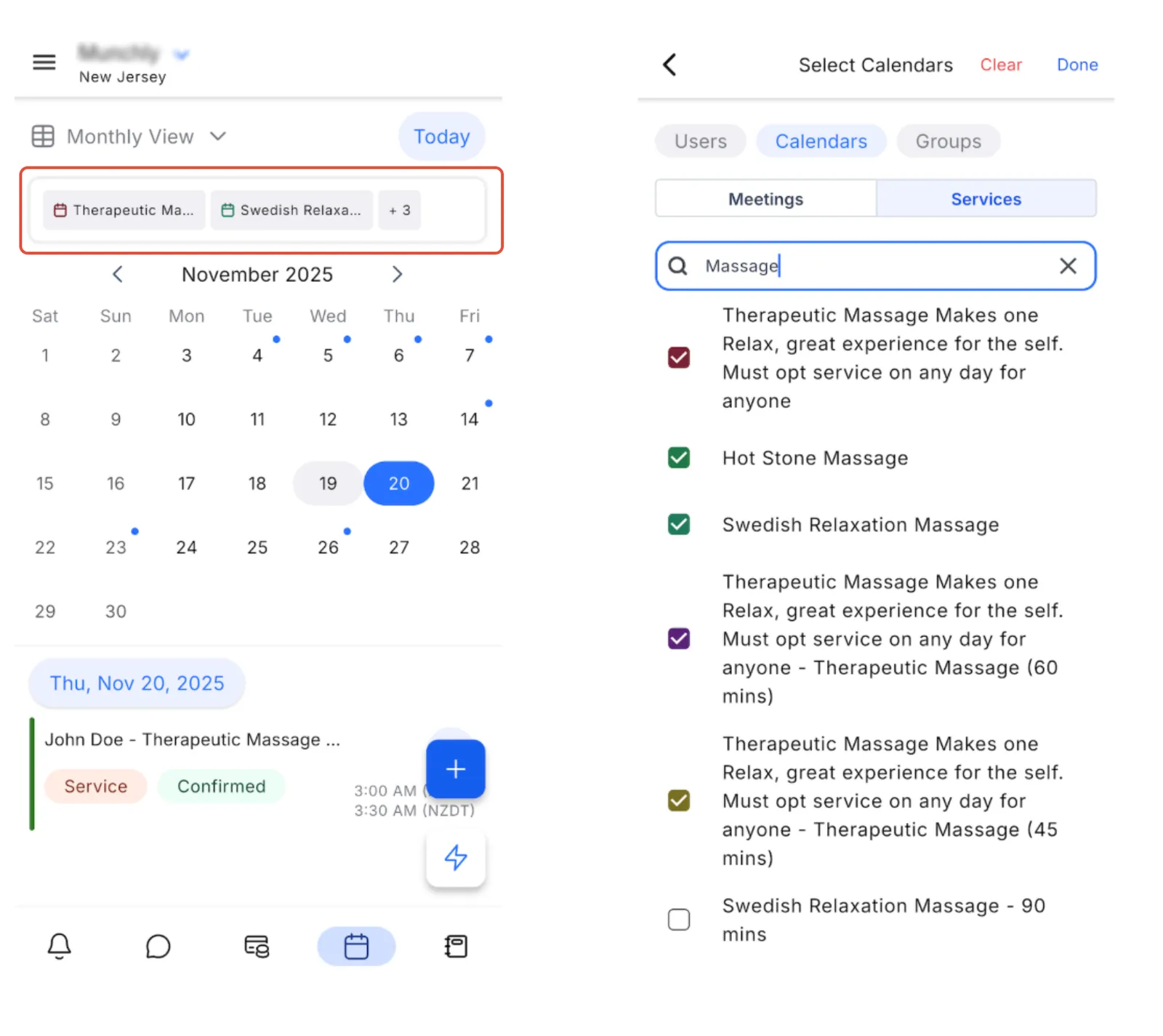 Schermata filtro calendario per servizi