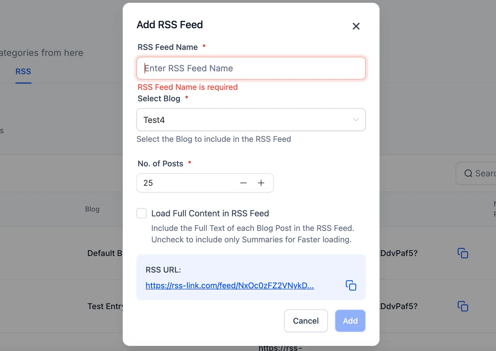 Finestra di configurazione per aggiungere un RSS Feed