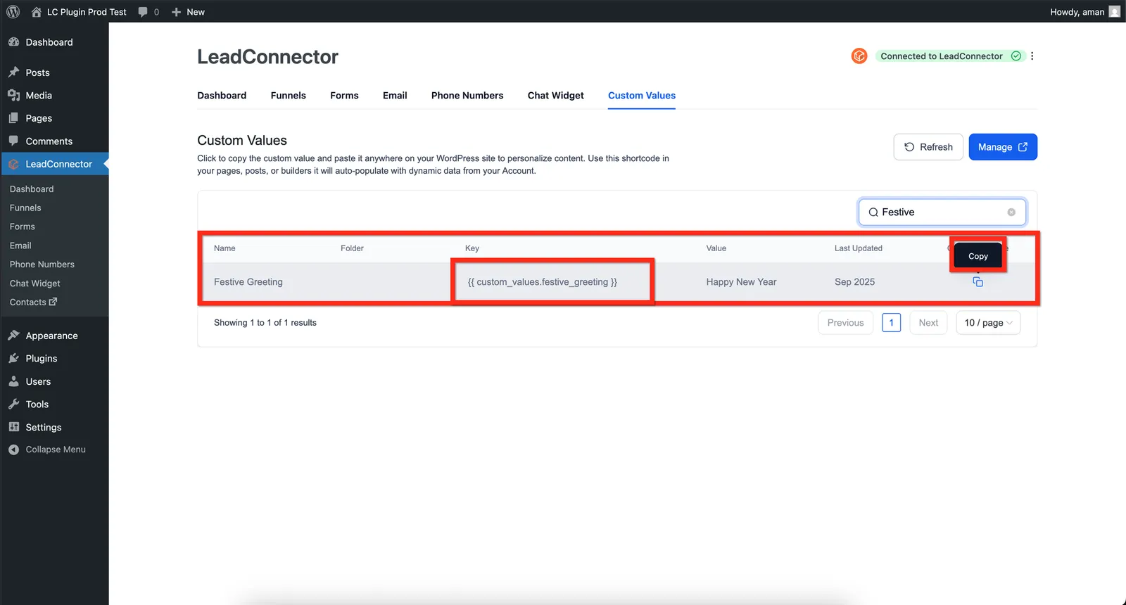 Esempio di shortcode Valore Personalizzato in WordPress