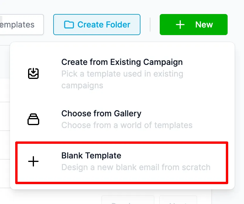 Menu a tendina con le opzioni di creazione template