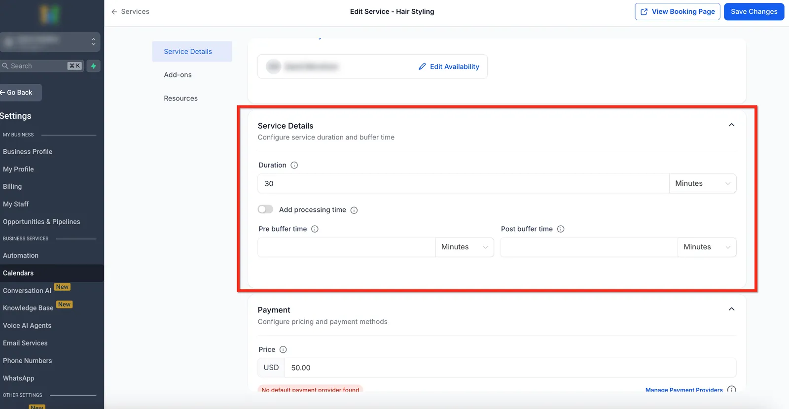 Configurazione durata, tempo di elaborazione e buffer