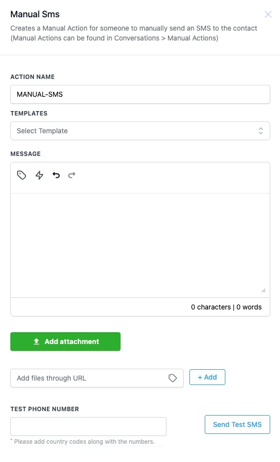 Configurazione azione SMS Manuale nel Workflow