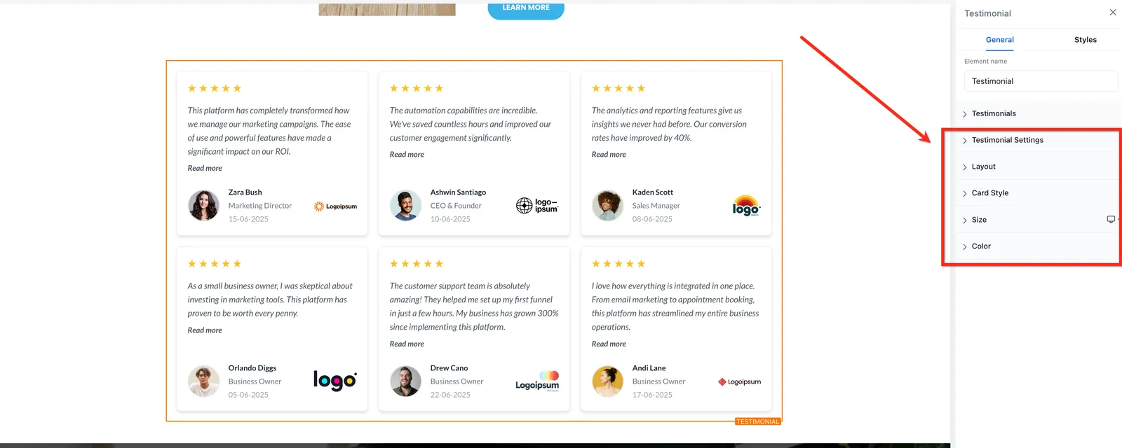 Personalizzazione aspetto e layout delle testimonianze
