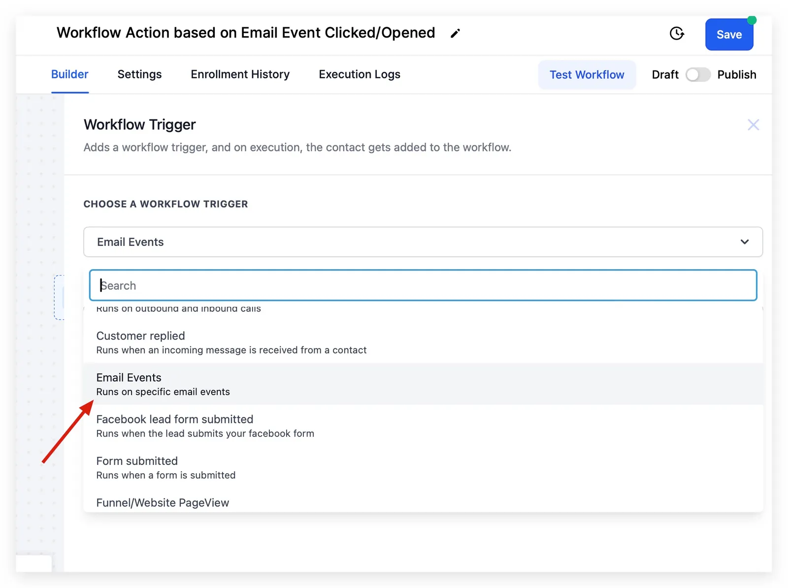 Seleziona Email Events dal menu a tendina