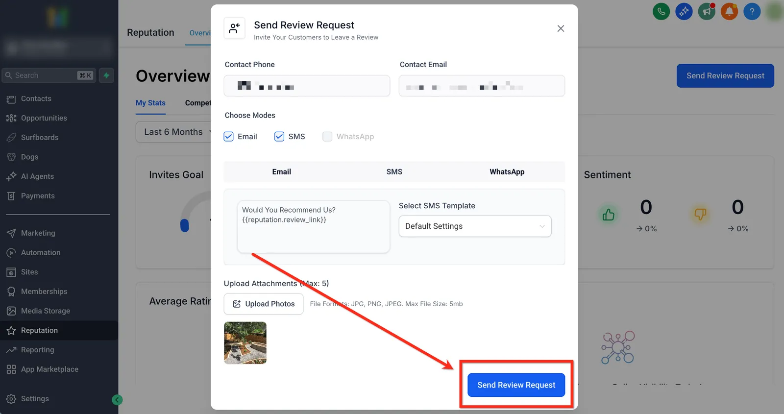 Pulsante blu Send Review Request per inviare la richiesta con le foto allegate