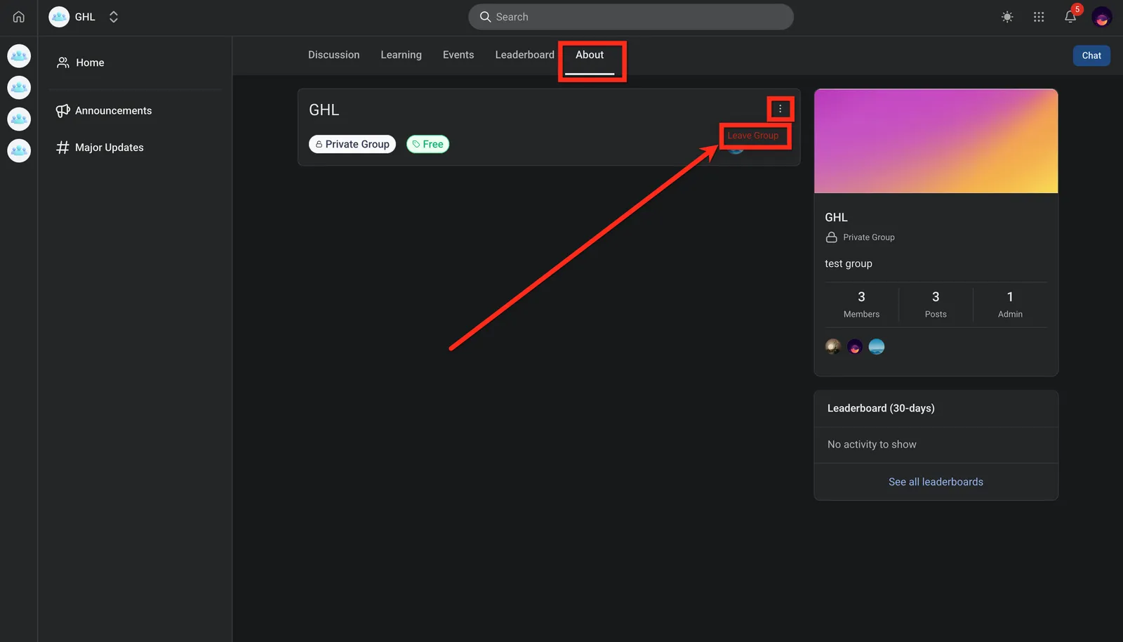 Menu a tre punti con opzione Lascia gruppo