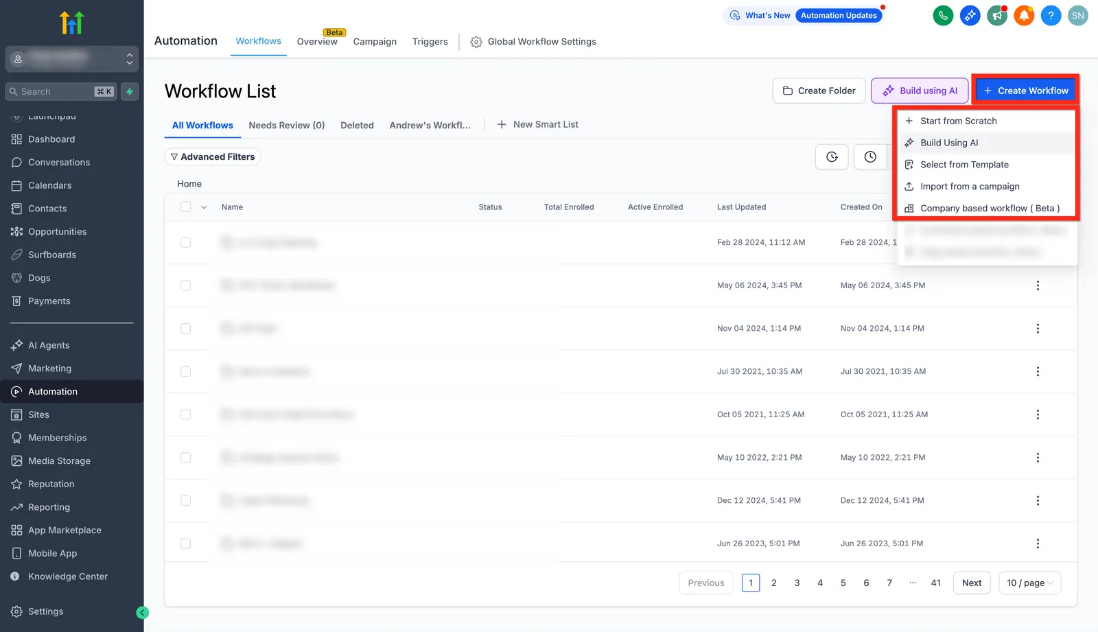 Schermata di creazione di un nuovo Workflow con le opzioni disponibili