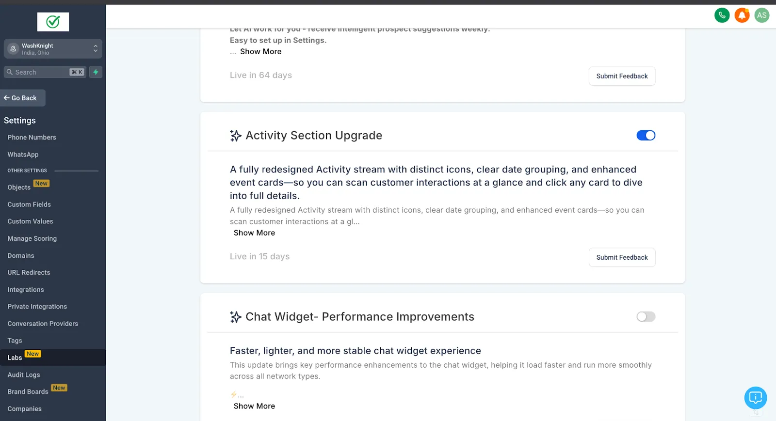 Schermata abilitazione Activity Section Upgrade in Impostazioni Labs