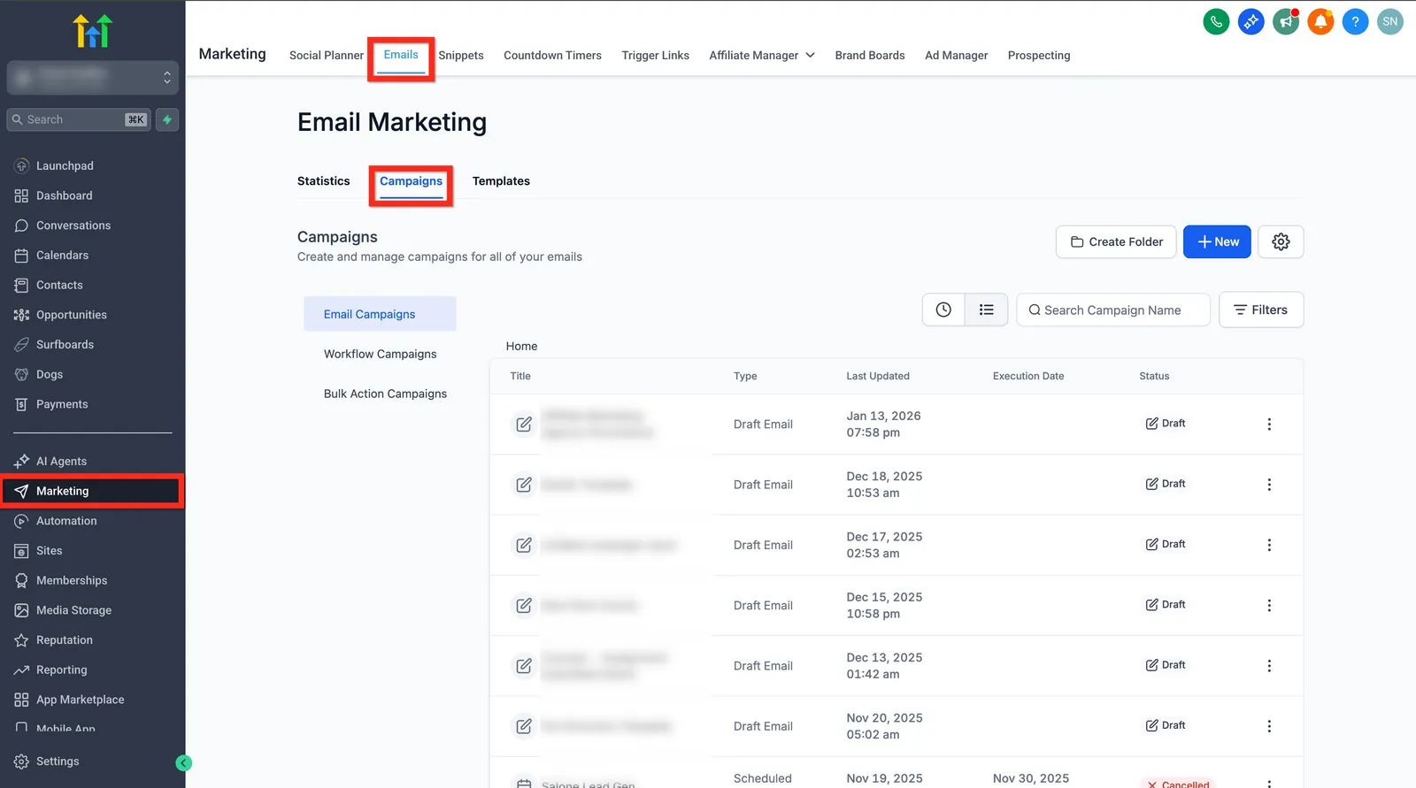 Schermata Marketing > Email > Campagne