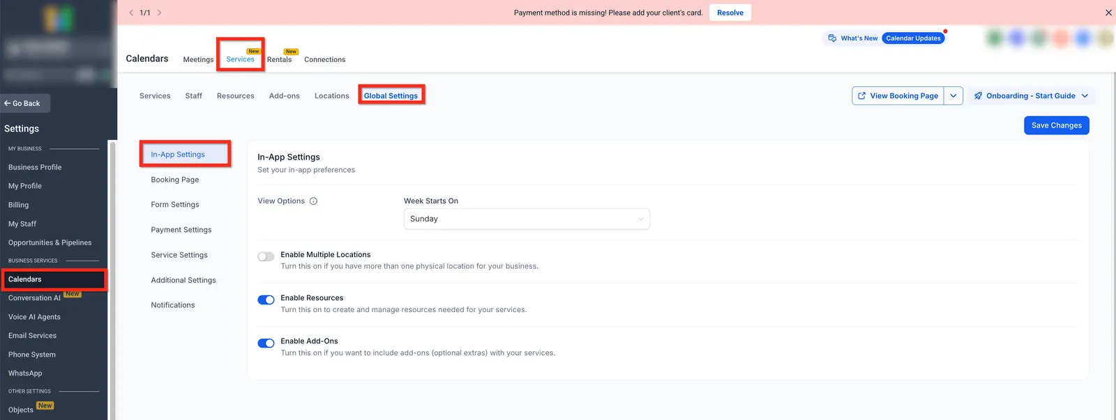Schermata delle impostazioni di notifica dei Servizi