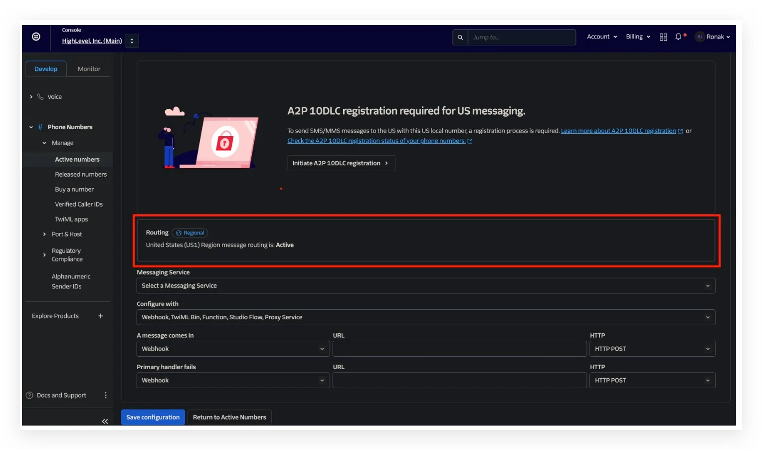 Schermata Messaging Service - regione di instradamento US1 su Twilio