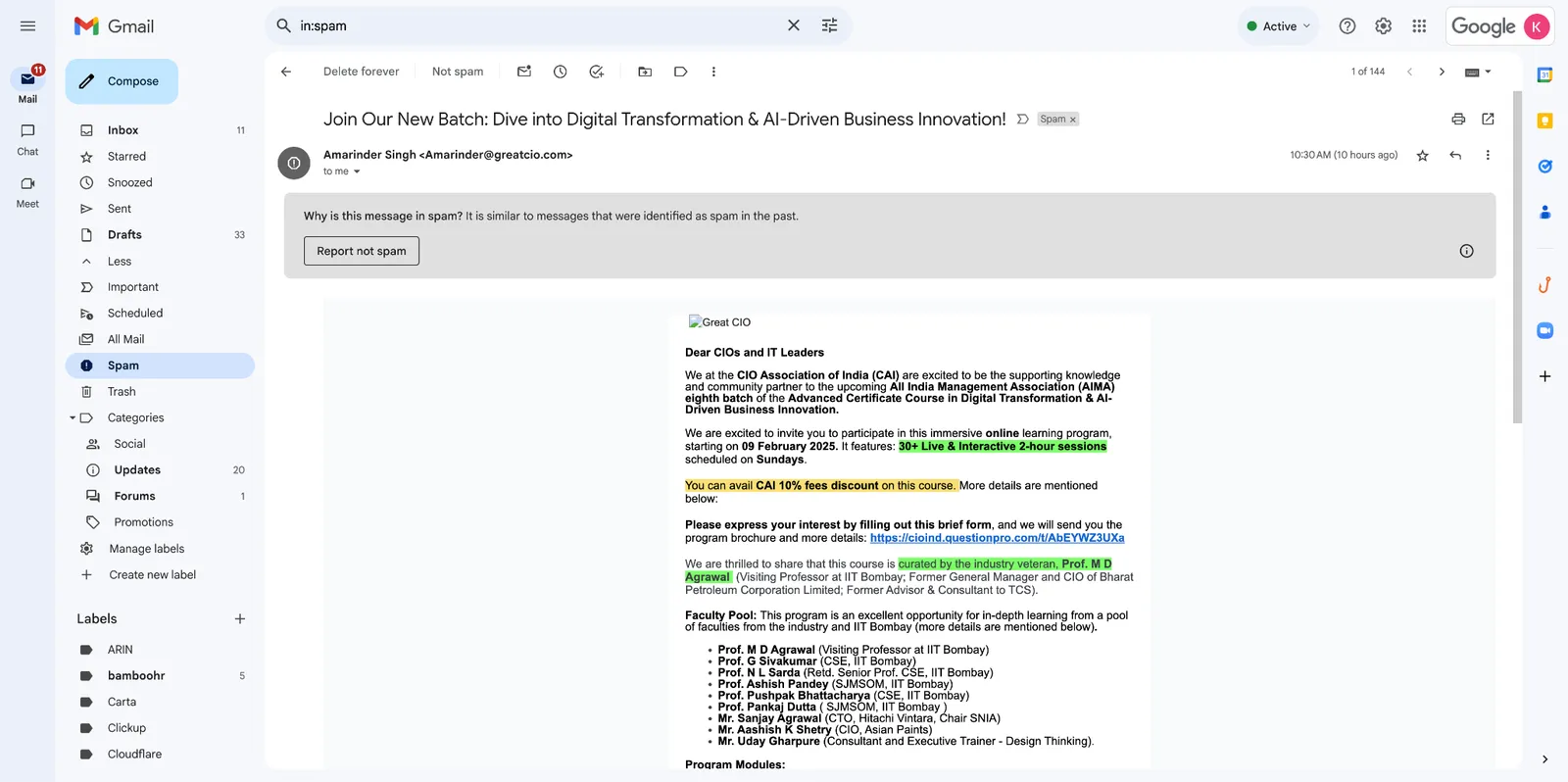 Email di test ricevuta nella casella postale Gmail